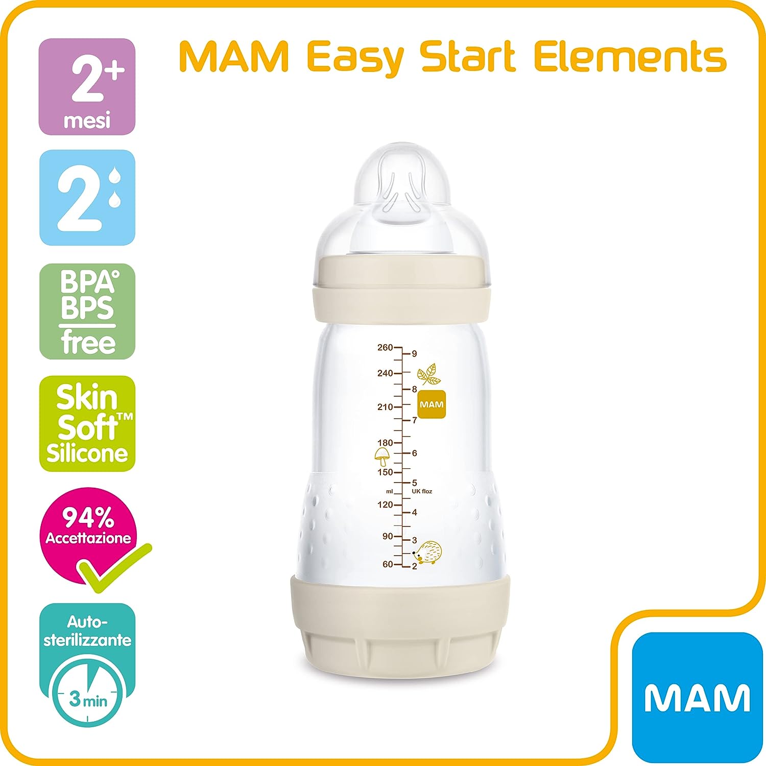 MAM® Easy Start Biberon anticolica, Biberon autosterilizzante con tettarella  mis.2, 260 ml, Neutro